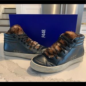 P448 leather and fur high top sneakers sz 35